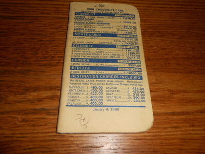 1988 CHEVROLET CORVETTE CAMARO BERETTA Etc Orig PRICE BOOK MODELS OPTIONS CODES