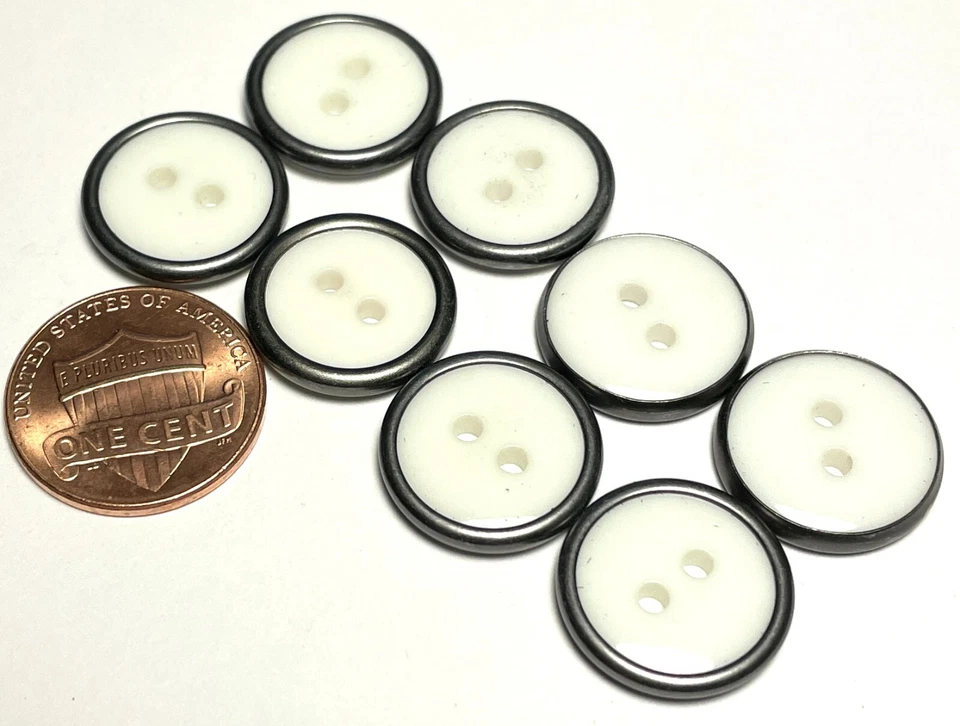 8 botones de costura de borde de metal gris plástico blanco brillante NOS 16 mm 5/8" 12648 Foto 2 de 3
