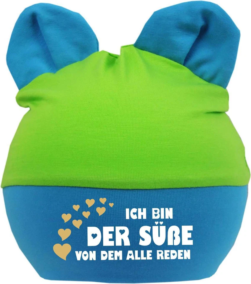 KLEINER FRATZ Ohren Baby Mütze Multicolor bedruckt mit Ich bin der Süße von dem alle reden