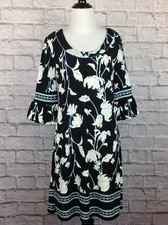 Ann Taylor LOFT Dress Womens 4 Stretchy A Line Black Blue White Floral Bell Cuff