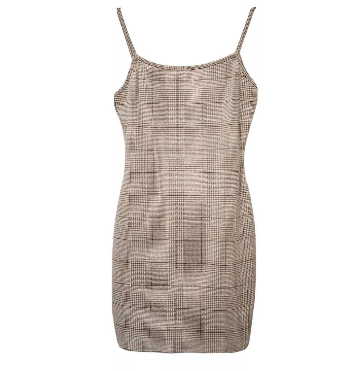 plaid bodycon dress spaghetti strap Mini Beige Tan Size L Stretch Y2K 90’s the Kirsten slip mini