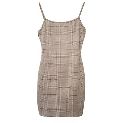 plaid bodycon dress spaghetti strap Mini Beige Tan Size L Stretch Y2K 90’s the Kirsten slip mini