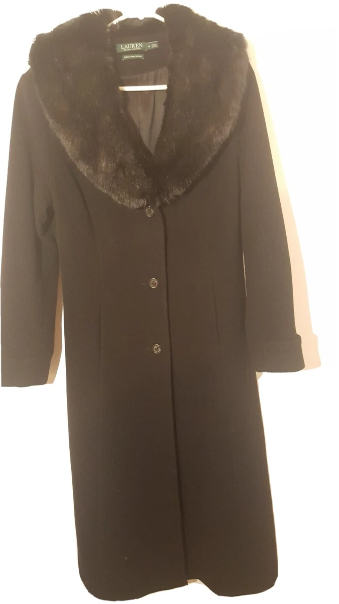 Ralph Lauren Women s Black Wool Blend Long Trench Coat Faux Fur Collar Size 12