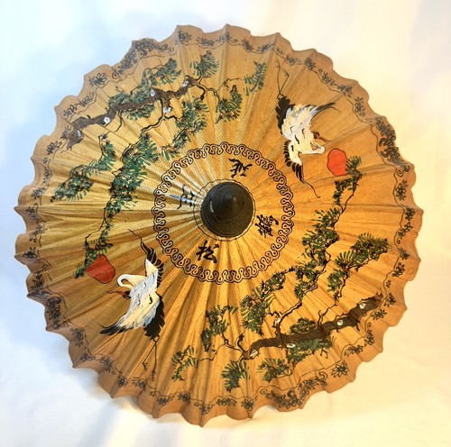 Vintage Handmade Asian Parasol Bamboo Rice Paper Umbrella Hand Painted Cranes - Bild 3 von 13