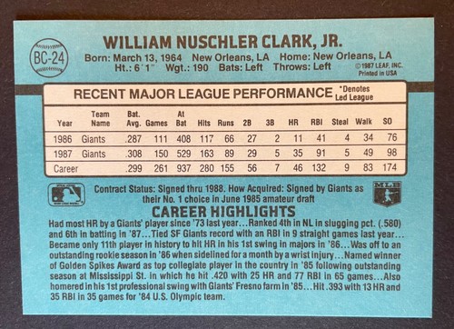 Don Russ 1987 #21 Will Clark & Will Clark Giants BC-24 - Bild 5 von 5