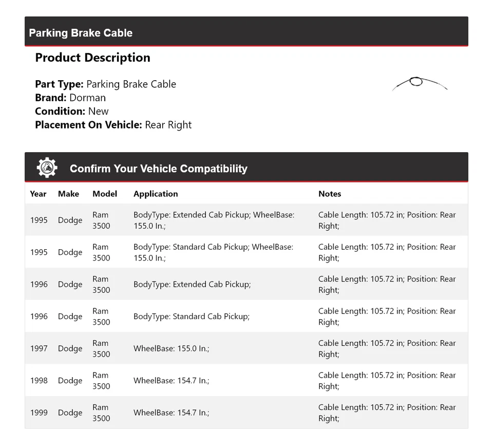Cable de freno de estacionamiento trasero derecho 1996 1997 para Dodge Ram 3500 Dorman 1995-1999 Foto 2 de 3
