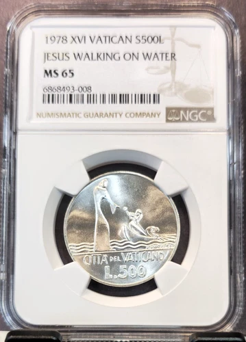 1978 VATICAN SILVER 500 LIRE JESUS WALKING ON WATER NGC MS 65 BRIGHT GEM BU