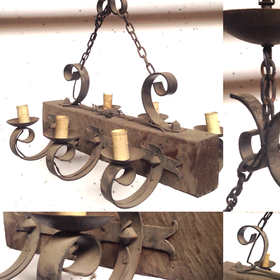 lustre rustique fonte de fer bras en bois six bras de lumière . XX siècle . | eBay