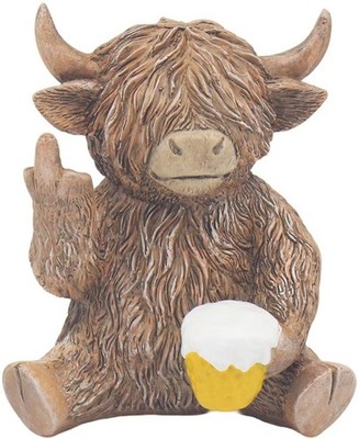 Cheers Highland Cow Coo Ornament Figur Dekoration Neuheit Bier Mittelfinger!