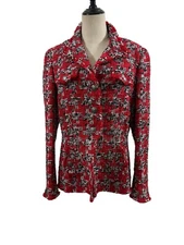 Vtg Y2K Women’s  Tweed Blazer Jacket Military Style Red Black Sz 10 Preppy 