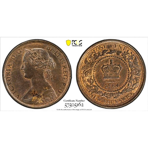 1864 New Brunswick Canada 1 Cent, PCGS MS 63, KM-6, Short 6 Variety