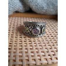 Size 10 Sterling Silver Amethyst and Peridot Filigree Band Ring, Wide Band