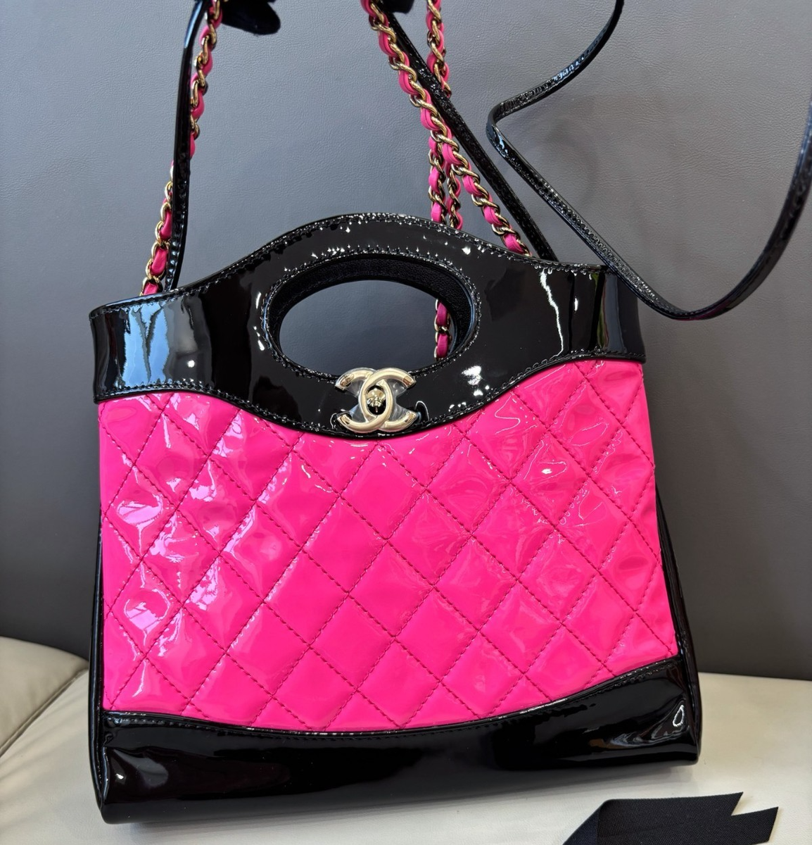Chanel Patent 31Bag Mini Shoulder Bag Crossbody Pink Black Women