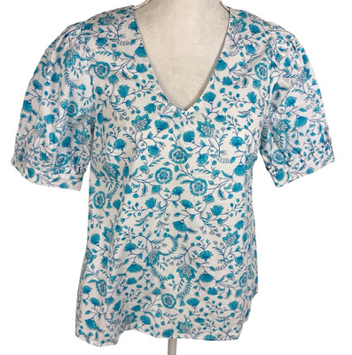 Draper James Women's XL V-Neck Puff Sleeve Blouse Top Blue Floral NWT 9267