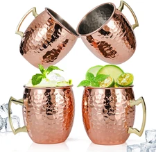 Moscow Mule Mugs Set of 4, 16 OZ Hammered Copper Cups with 304 Stainless Steel L