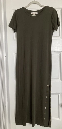 Michael Kors Maxi Camicia Abito Donna Taglia S Verde Cacciatore Spacco Laterale Maniche Corte