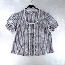 Dirndl Blouse Top Womens Size 2X Eur 52 Plaid Green Lavender Ruffles Octoberfest