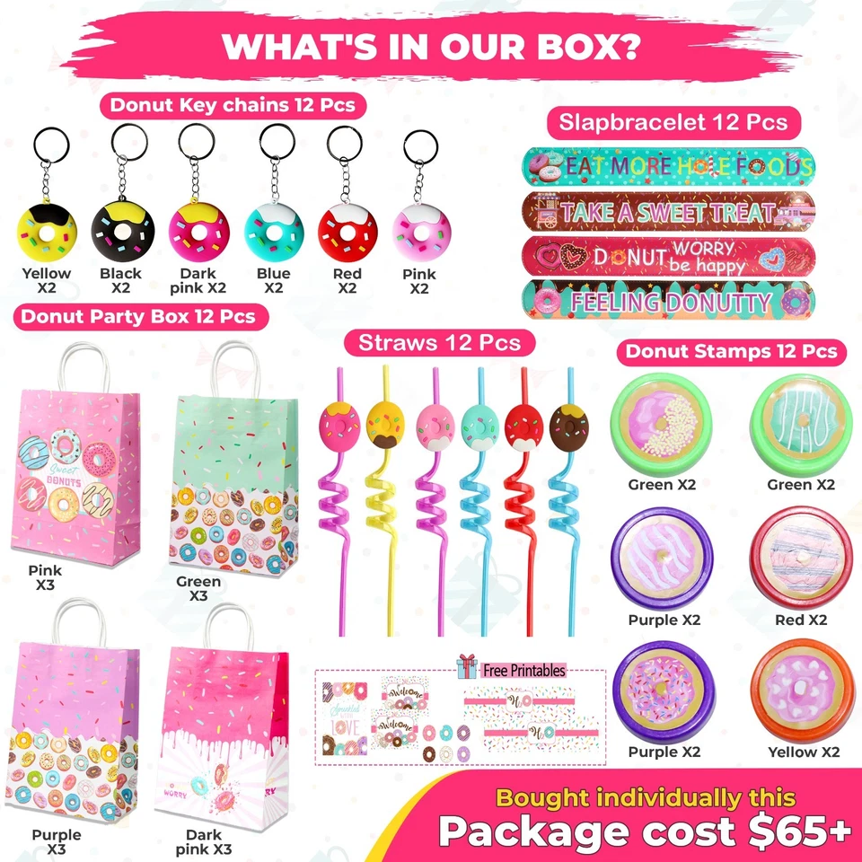 60 Piezas Donut Party Favores - 12 Juegos de Bolsas Donut Llavero Donut Paja Slapband  Foto 2 de 4