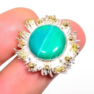 Authentic Malachite Handmade Silver Plated Two Tone Gold Plated Ring s.8 R58-23