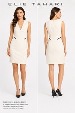 Elie Tahari White/Black Solid Sheath Dress V-Neck Sleeveless Zip 8