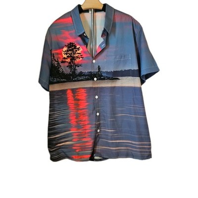 Men s Large Multicolor Sunset Scene Short Sleeve Button Up Collared Shirt Beach