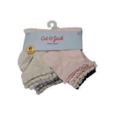 New Cat & Jack Girls White Navy Scallop Edge Dress Ankle Socks 6 Pairs Sz L 3-10