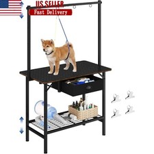 Pet Grooming Table W/ Drawer Adjustable Height Layered Mesh Design Storage New
