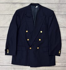 BURBERRYS Men 44R Navy Pure Wool Gold Logo Button Double Breasted Vintage Blazer