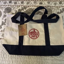 Trader Joe's Reusable Canvas Eco Tote Bag Size Large 20”x14”. Blue Handles 