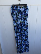 Espresso Strapless Jumpsuit Wide Leg Pretty Blue Floral Elastic Waist Medium