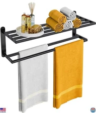 24-Inch Double Towel Rack with Shelf - Wall-Mounted Black Stainless Steel Holder