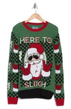 Ugly Christmas Sweater Men's Santa Claus Here to Sleigh Pullover Green Red