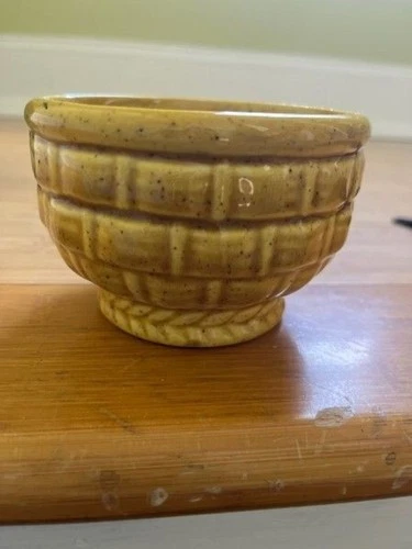 Vintage HAEGER 3"x4" Bowl or Planter Yellow w/Brown Flecks Basket Weave Pattern
