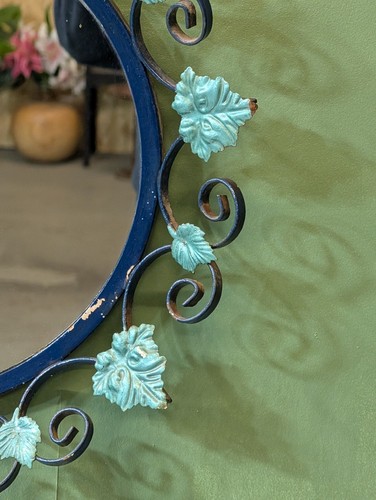 Vintage Mirror Shabby Chic Blue Green Metal Framed Flower Leaf Round Wall - Picture 2 of 6