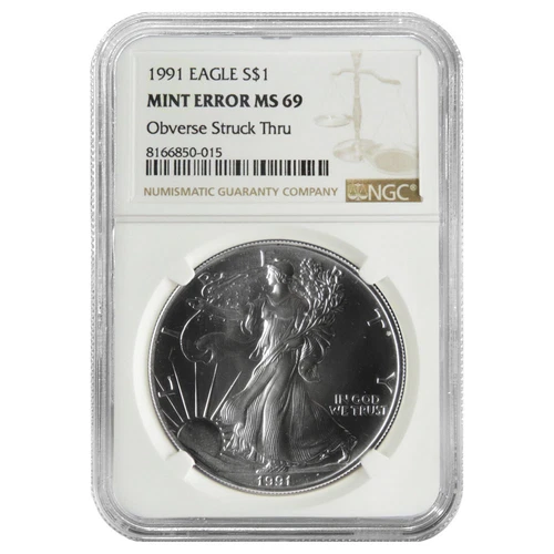 1991 $1 American Silver Eagle NGC MS69 Mint Error Obverse Strike Thru