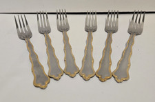 Set Of 6 Stainless Steel Flatware Dinner Forks w/ Scalloped Gold Trim on Handle