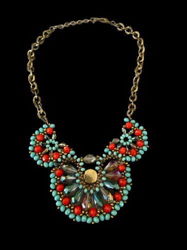 Stunning! Vintage 1960’s Turquoise Coral AB Glass Bead Bib Statement Necklace