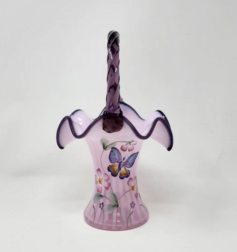 Fenton Butterfly Pink Chiffon Opalescent Rib Optic Basket Hand Painted Signed