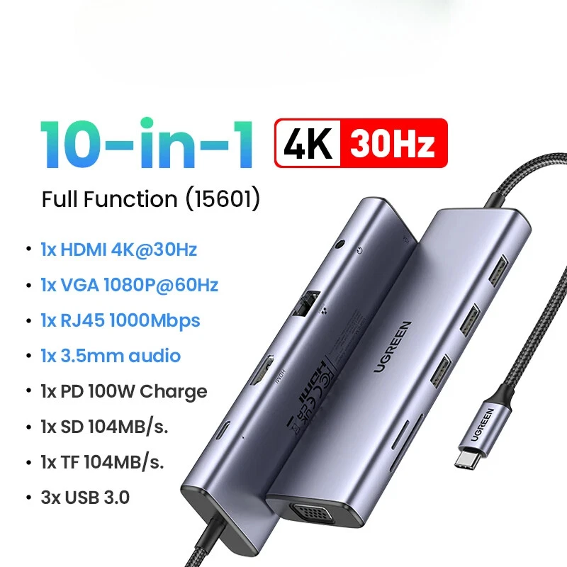 USB HUB Type-C to 4K HDMI VGA RJ45 PD100W 3.5mm SD&TF USB3.0 Splitter