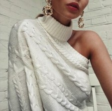 Boho Ivory White Cable Knit One Shoulder Long Sleeve Turtleneck Sweater Top