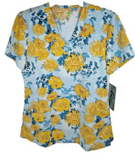 GT Blue and Yellow Floral Scrub Top Size Small 3 Waist Pockets New