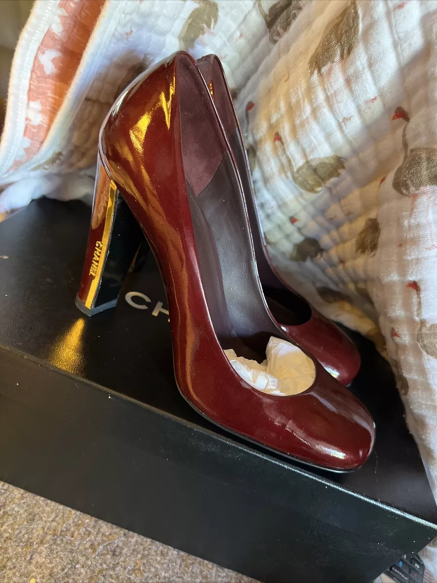 CHANEL Burgundy Platform Patent Leather Pumps Size 38 Authentic