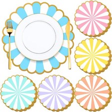 48 Pcs Pastel Disposable Paper Placemats 13 Inch Colorful Stripe Scalloped Edge