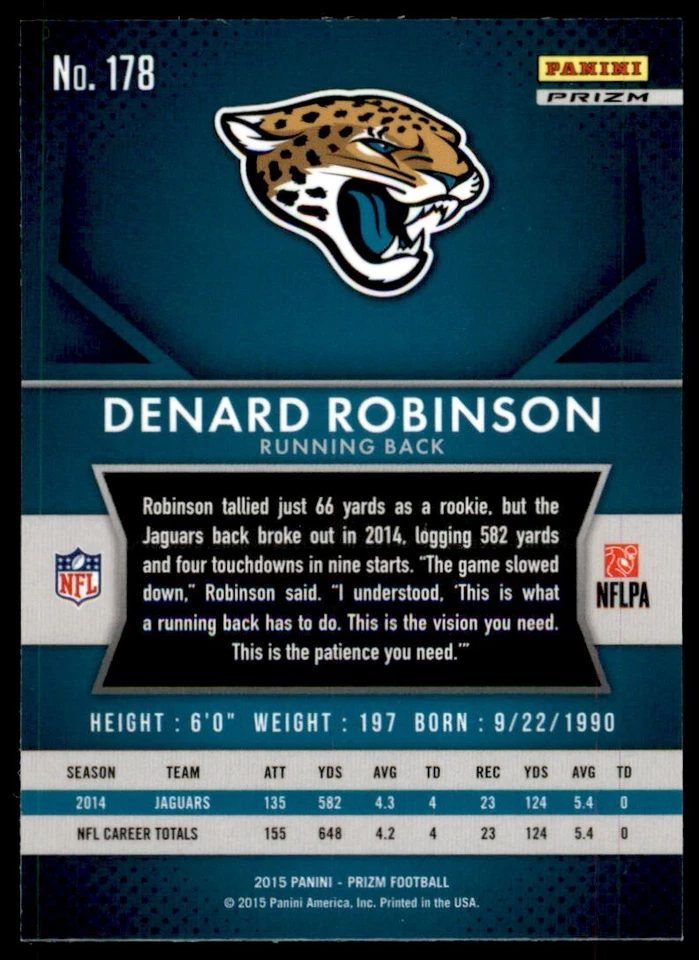 Denard Robinson 2015 Panini Prizm Green #178 Parallel Jacksonville Jaguars NFL - Image 2 of 2