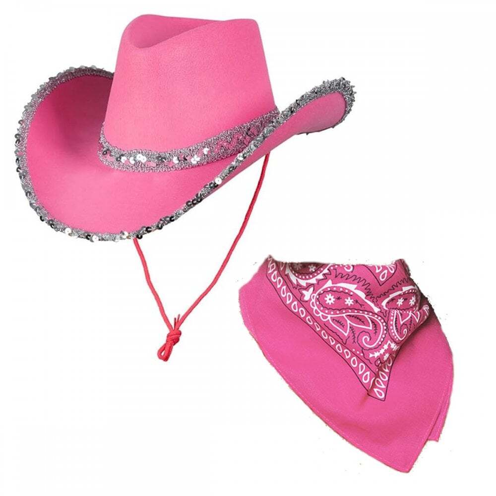 Adult 1 x HOT PINK with Sequins Texan Cowgirl Cowboy Hat + HOT PINK Bandana