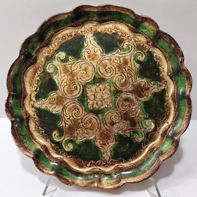 Vintage Italian Florentine Hand Painted Wood Tray 9.5 Green and Gold