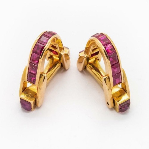 Sparkling Sqaure Shape Pink Ruby In 10K Yellow Gold Men's Ruby Stirrup Cufflinks - Picture 4 of 6
