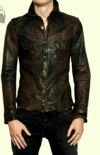 Men's Leather Shirt Real Lambskin Lederhemd Jacket Biker Slim Fit Cuir Brown