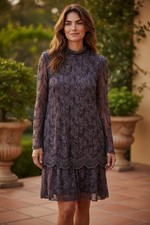 Judith Ann Creations Beaded Lace Dress Knee Length Long Sleeve Purple L