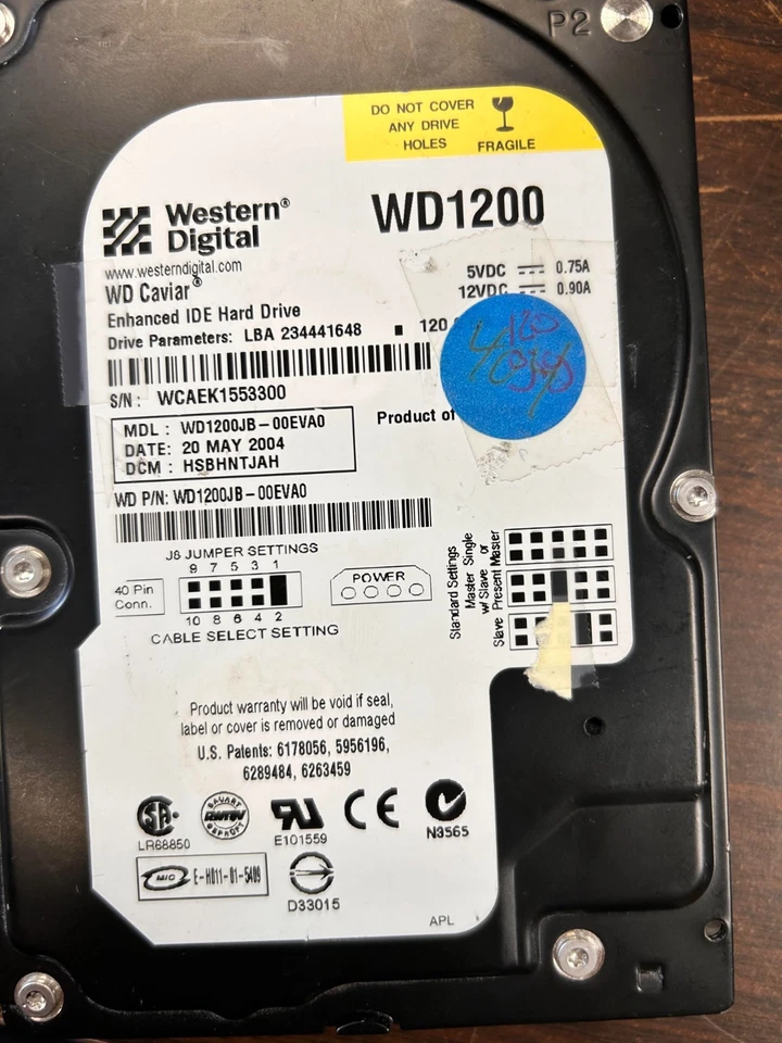 LOT OF 2 Western Digital Caviar Blue 120GB Internal 7200RPM 3.5" (WD1200BB) HDD - Image 1 of 1